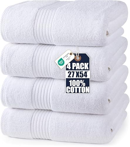 Utopia Towels Premium 100% Combed Ring Spun Cotton Bath Towels, Ultra Soft and Highly Absorbent, 27 by 54 inches, Large Bath Towels, 4 Pack, White