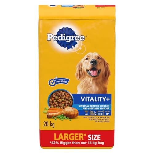 PEDIGREE Vitality+ Croquettes pour chiens adultes – Goût poulet rôti et légumes – Favorise des os solides et des dents saines – avec calcium, sac de 20 kg