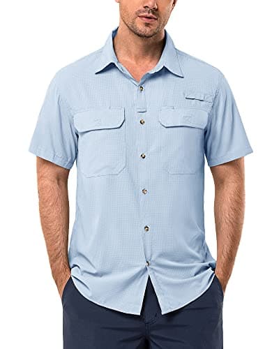 33,000ft Men's UPF 50+ UV Short Sleeve Hiking Fishing Shirt Quick Dry Cooling PFG Sun Protection Shirt for Travel Safari Light Blue