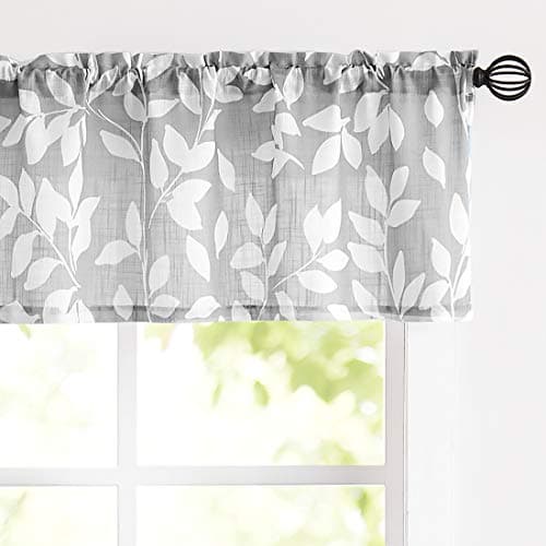 Grey Valance Curtain for Windows Leaf Print White Window Valances 52" by 15" Long 1 Panel