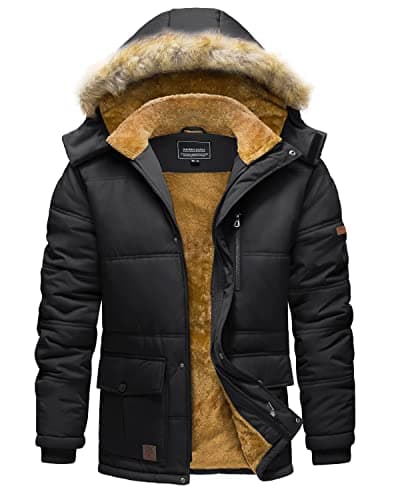 TACVASEN Manteaux d'hiver pour hommes avec capuche Vestes de neige hydrofuges Coupe-vent Veste de randonnée en polaire chaude Noir