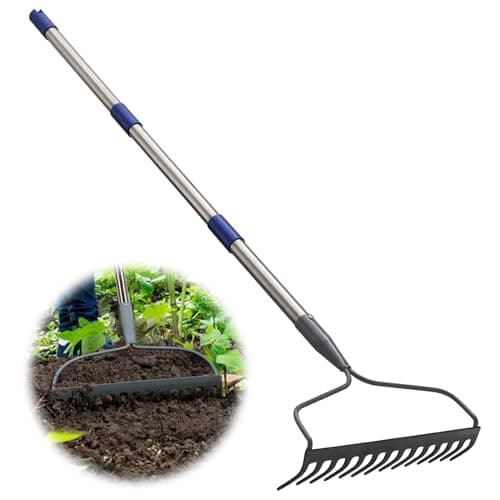 Garden Rake, 14 Metal Tines Heavy Duty Bow Rake with 5FT Adjustable Handle for Lawn, Landscape Cultivator Garden Rake for Loosening Soil Leveling...