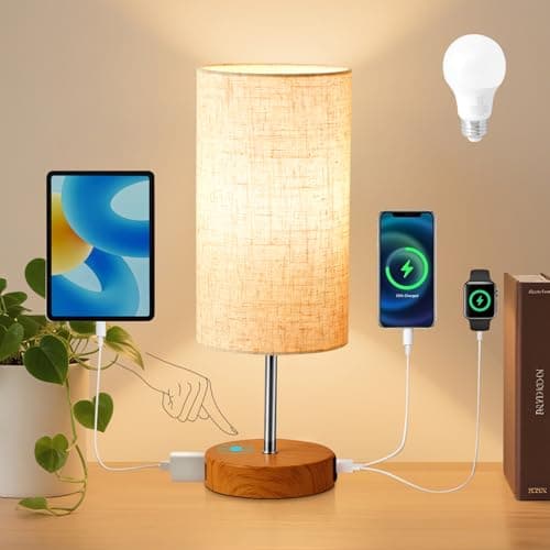 Table Lamp, Bedside Lamp 3 Way Dimmable, Touch Lamp with USB C&A Charging - AC Outlet, Linen Shade Bedroom Lamp, Lamps for Bedrooms Metal Base for...