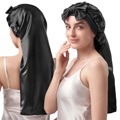 YFONG Bonnet 100% Soie de Mûrier pour Femmes Dormantes Cheveux Longs, Bonnet de Cheveux Longs en Soie Double Couche Grade-6A 22 Momme pour Tresses Soins des Cheveux Bouclés,...