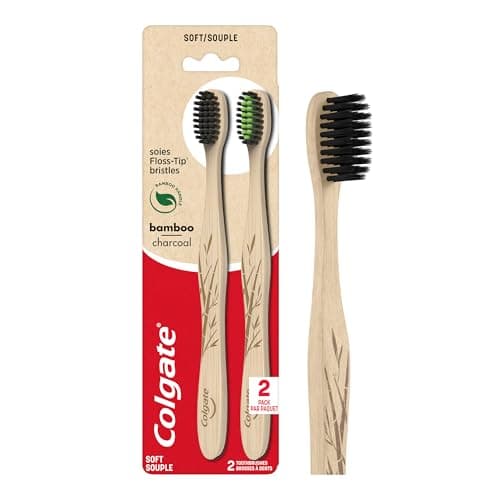 Colgate Bamboo Soft Bristle Full Size Toothbrush (2 Pack) with Floss-Tip Bristles, BPA Free, Eco-Friendly Toothbrush, Natural Bamboo Handle, Gentle...