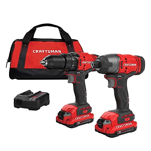 CRAFTSMAN V20 MAX Perceuse et visseuse à percussion sans fil, kit combiné d'outils électriques avec 2 batteries et chargeur (CMCK200C2AM), Lithium Ion
