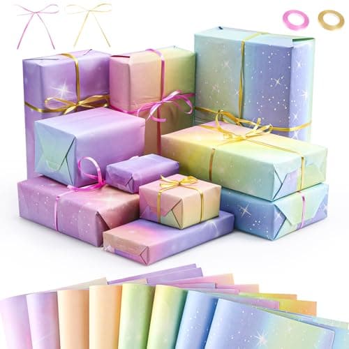 Guiqulai 8 Sheets Gift Wrapping Paper with 2 Ribbons, Fantasy Gradient Gift Wrap for Birthday, Wedding & Baby Shower (70x50cm/27.5x19.7in)