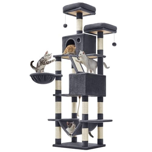 Arbre à chat Feandrea, grande tour à chat de 206 cm avec 13 griffoirs, 2 perchoirs, 2 grottes, panier, hamac, pompons, conception multi-niveaux,...