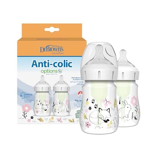 Dr. Brown’s Natural Flow Anti-Colic Options+ Wide-Neck Baby Bottle Designer Edition Bottles, Woodland Decos, 5 oz/150 mL, Level 1 Nipple, 2-Pack, 0m+