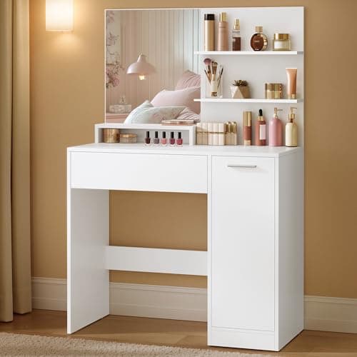 Collection VASAGLE KAILYN - Coiffeuse, Coiffeuse de maquillage avec miroir, Bureau de maquillage moderne, Tiroir, 2 étagères, Armoire avec étagères réglables,...