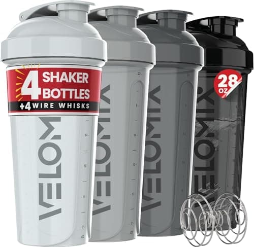 VELOMIX -4 PACK- 28 oz Protein Shaker Bottle for Protein Mixes - 4x Wire Whisk | Leak Proof Shaker Cups for Protein Shakes | Protein Shaker Bottle...
