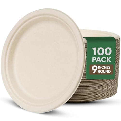 Paper Plates 9 Inches, 100 Pack Disposable Plates for Party, Water & Oil Proof Paper Plates, Microwavable Paper Plates Bulk - Brown