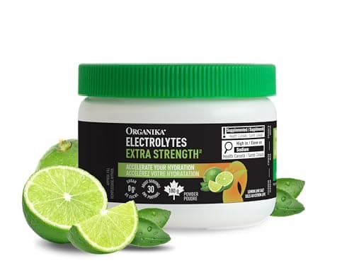 Organika Canadian-Made Electrolytes Extra-Strength Powder - Lemon Lime - High in Sodium for Sport Recovery - Saltier Taste, Sugar-Free Hydration...