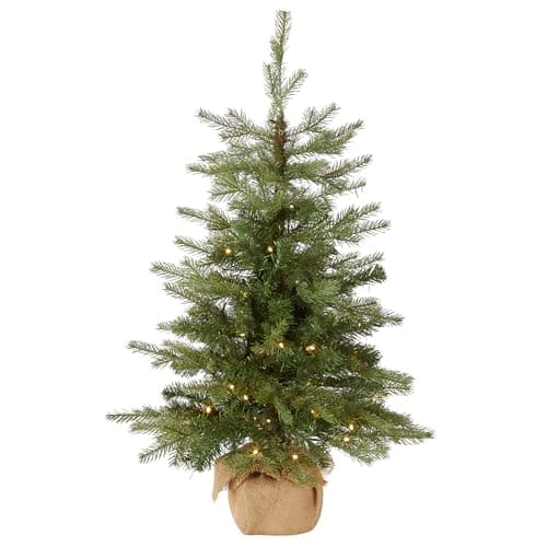 National Tree Company 3 ft Pre-Lit Nordic Spruce Mini Artificial Christmas Tree, Burlap Base, Red Bow, 50 Clear LED Lights, 363 Tips, Timer, Green