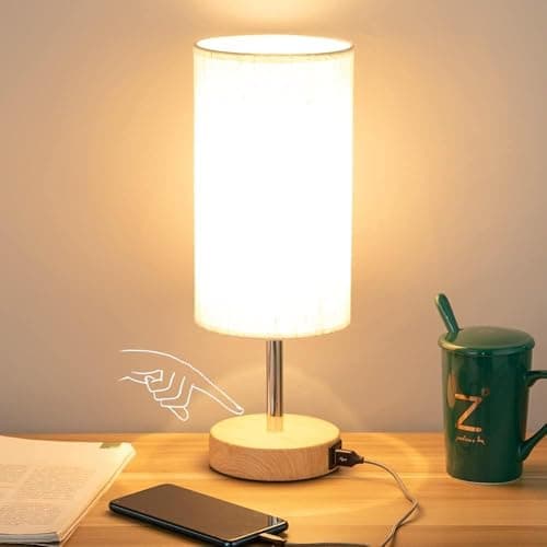 Yarra-Decor Bedside Table Lamp with USB Port - Touch Control for Bedroom Wood 3 Way Dimmable Nightstand Lamp with Round Flaxen Fabric Shade for...