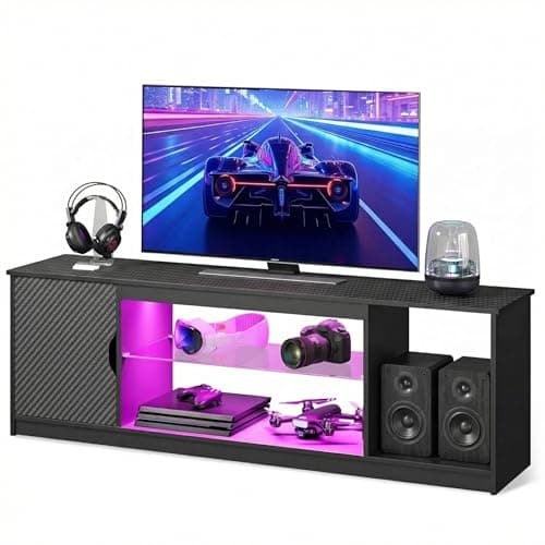 Bestier TV Stand for 65 Inch TV, Entertainment Center with Open Storage Shelves for PS5, Black TV Cabinet with Adjustable Glass Shelf for Living...