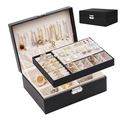 SYCARON Jewelry Organizer Box for Women and Girls, 2 Layer Jewelry Storage Case PU Leather Soft Lining with Lock for Rings Earrings Necklace...