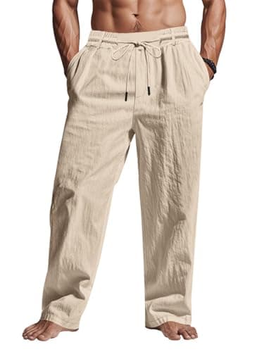 XYKJFIT Mens Linen Pants Lightweight Drawstring Elastic Waist Trousers for Men Casual Loose Fit Summer Beach Yoga Pants Khaki