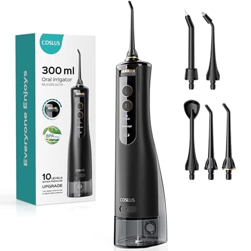 Fil dentaire portable à eau COSLUS E40 pour dents : fil dentaire électrique pour appareils orthodontiques, dents sensibles, gencives - 10 réglages de pression avancés pour plusieurs utilisateurs,...