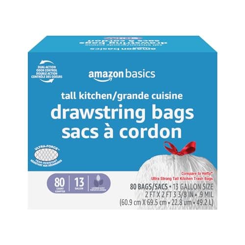 Amazon Basics Sacs poubelle en relief parfumés à la lavande, 13 gallons / 49 litres, 80 pièces (paquet de 1)