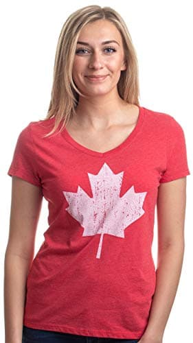 Fierté canadienne | T-shirt à col en V pour femme, style vintage, rétro, feuille d'érable canadienne, (col en V, 2XL) rouge chiné