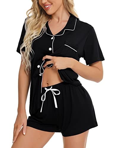SWOMOG Ensemble de pyjama 2 pièces pour femme - Ensemble de pyjama confortable - Haut et bas en modal - Manches courtes - Boutonné - Noir