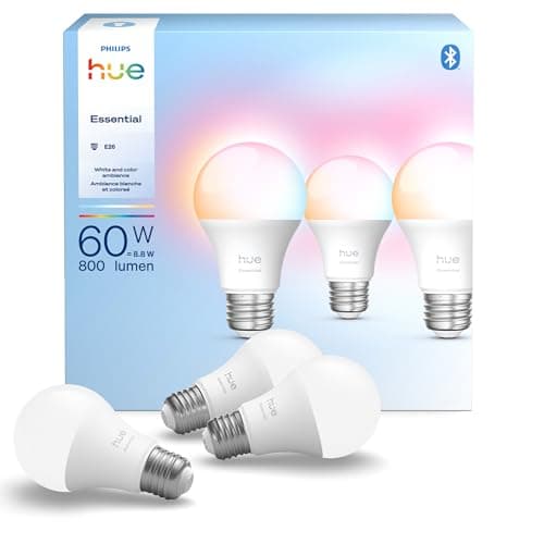 Ampoule LED intelligente A19 Philips Hue Essential, ambiance blanche et couleur, culot E26, 8,8 W, 2200K-6500K, 800 lumens, variable, fonctionne avec Alexa, Google...