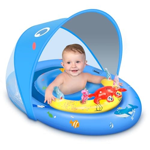 LAYCOL Baby Pool Float with UPF50+ Sun Protection Canopy & Toy Play Console，Infant Baby Float for Pool，Adjustable Safety Seat，Toddler Float for...