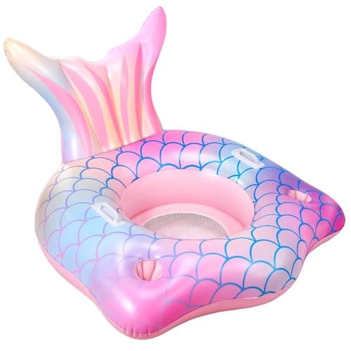 Flotteur de piscine en forme de sirène épais de qualité supérieure pour enfants et adultes – Grand radeau gonflable en forme de queue de sirène avec porte-gobelets, dossier, fond en maille et...