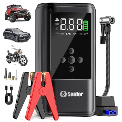 Booster Pack 6000A Démarreur avec compresseur d'air, Pack de batterie d'appoint de voiture, Pack d'alimentation de batterie 10-en-1 Boîte de saut 12V avec gonfleur de pneu 160PSI LED...