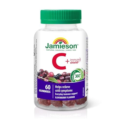 Jamieson Vitamin C + Immune Shield Gummies Natural Elderberry Flavour, with Elderberry, Vitamin C, and Zinc. Supports Immune Health, and Relieves...