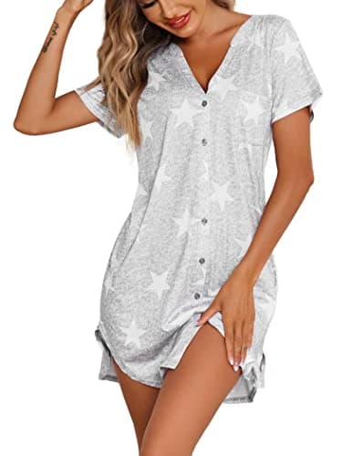 Ekouaer Robe de nuit à manches courtes pour femme - Chemise de nuit confortable boutonnée avec poche poitrine