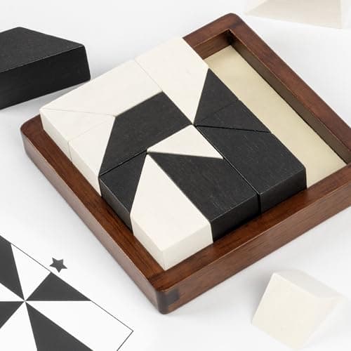 Jeu de puzzle de blocs cachés en bois Lingle - 80 défis cérébraux avec boîte en bois massif et pièces de luxe en noir et blanc, logique 3D et pensée spatiale...