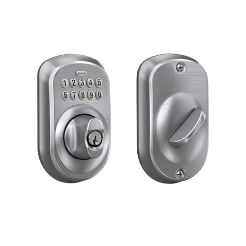 Schlage Plymouth Serrure à pêne dormant à clavier électronique, entrée de porte avant sans clé, clé de secours mécanique incluse, chrome satiné, BE365 PLY 626