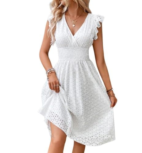 myzgx Women's Summer Sexy Eyelet Lace Embroidery Smocked Dress Flutter Sleeve A-Line Midi Long Beach Sundress, White, Medium