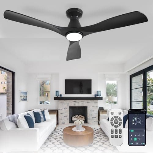 Depuley 52-Inch Ceiling Fans with Lights: Black 3 Blade Flush Mount Low Profile Ceiling Fan for Bedroom - Dimmable Indoor Outdoor Fan with Remote...