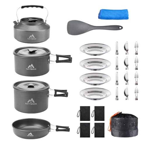 THTYBROS 27 pièces batterie de cuisine de camping pour 2 à 4 personnes, batterie de cuisine portable avec bouilloire, casseroles et poêles, ustensiles en acier inoxydable, assiettes, vaisselle...