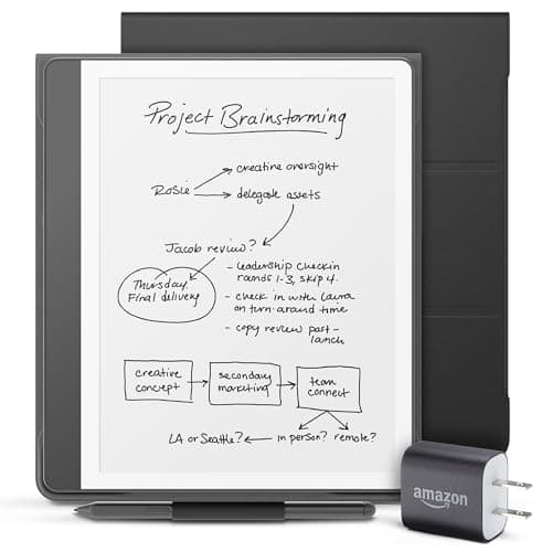 Amazon Kindle Scribe Essentials Bundle including Kindle Scribe (64GB) - Tungsten, Premium Pen, Plant-Based Leather Folio-Black, and Power Adapter