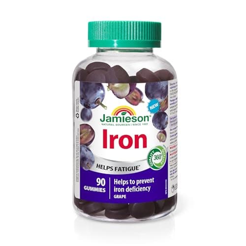 Jamieson Iron Gummies Grape Flavour, Supports Overall Health, Helps with Fatigue, Prevents Iron Deficiency and Anemia. Vegetarian, Non-GMO,...