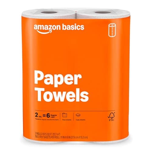 Essuie-tout en papier flexible 2 épaisseurs certifié FSC Amazon Basics, 150 feuilles par rouleau, 2 rouleaux Basics = 6 rouleaux ordinaires