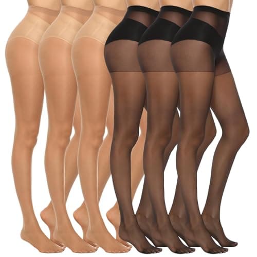 MANZI 6 Paires de Collants Transparents Soyeux 20D pour Femmes Collants en Nylon Résistants à la Course Bas Taille Haute avec Haut de Contrôle, 3 Paires Noirs + 3 Paires Naturel,Small