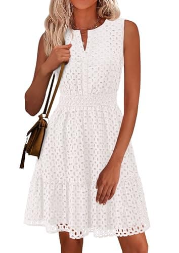 PRETTYGARDEN Robes d'été 2026 pour femme sans manches, col en V, œillets ajourés, ligne A, robe de plage, vacances (blanc, L)