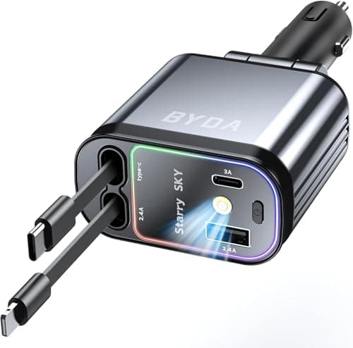 Chargeur de voiture rétractable 4 en 1 avec lumière étoilée, chargeur de voiture rapide USB-C 69 W, pour iPhone 17/16/15/14/13/12/11, Android, Pixel, allume-cigare...