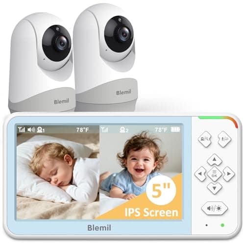 Moniteur vidéo pour bébé à écran partagé Blemil 5" avec 2 caméras et audio, batterie 4000 mAh, pas de WiFi, pas d'application, caméra panoramique/inclinaison/zoom à distance, conversation bidirectionnelle,...