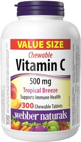 Webber Naturals Vitamine C à croquer 500 mg, 300 comprimés à saveur de brise tropicale, pour la santé des os, des dents, du système immunitaire et des antioxydants