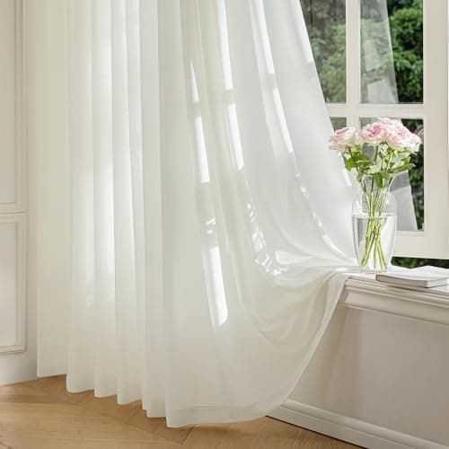 FMFUNCTEX Sheer Non-See-Through Neutral Beige Curtains for Bedroom, Faux Silk That Let Light Curtains 84 inches Long Light Filtering Privacy Sheer...