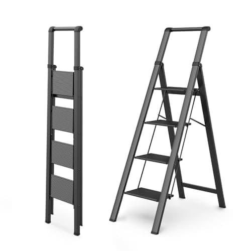 WOA WOA Échelle pliante à 4 marches avec pédale antidérapante, escabeau pliant avec poignée, escabeau portable en aluminium léger pour la maison, la cuisine,...