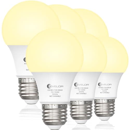 Evelor 6-Packs A19 LED Light Bulbs, E26 Base, Soft White 2700K 9W High Efficiency (60W Equivalent), 800 Lumens Non-Dimmable, 15000 Hours Lifespan,...