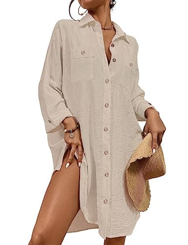 Bsubseach Maillot de bain femme Cover Up Boutonné Chemise de plage Robe Maillot de bain Cover Up Resort Wear Abricot S