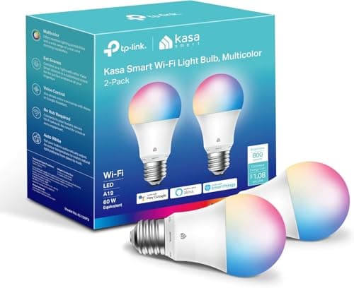 Ampoules intelligentes Kasa, ampoules WiFi intelligentes à intensité variable à couleur changeante, compatibles avec Alexa et Google Home, A19, 9 W 800 lumens, 2,4 GHz uniquement, non...